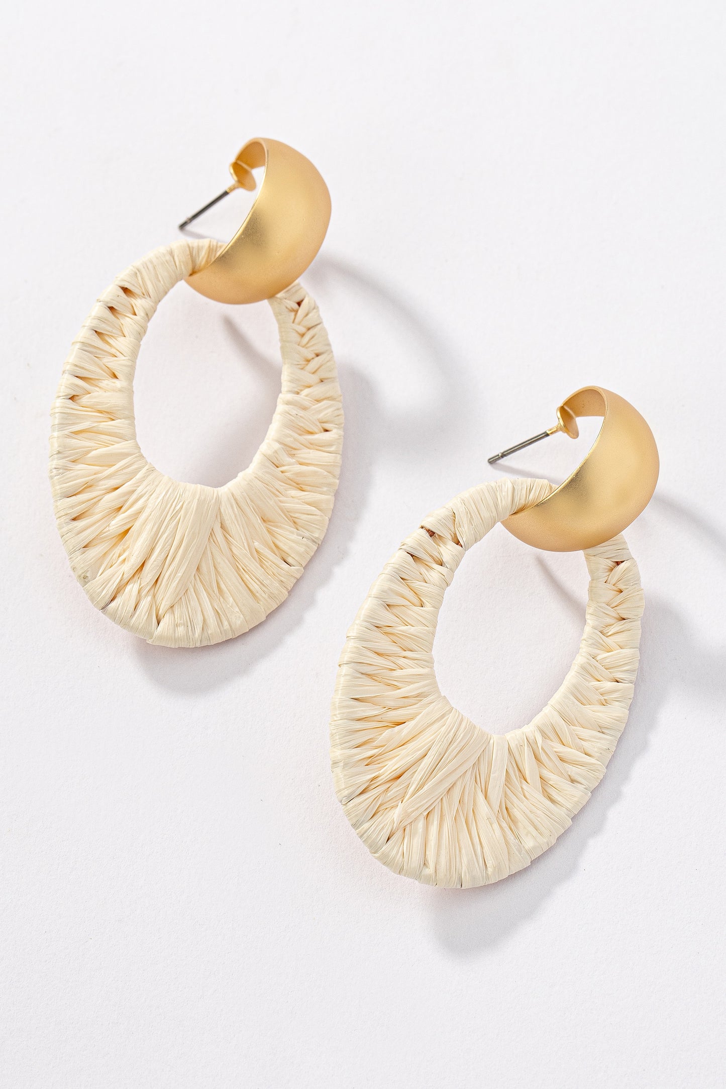 Raffia Straw Wrapped Oval Hoop Drop Earrings