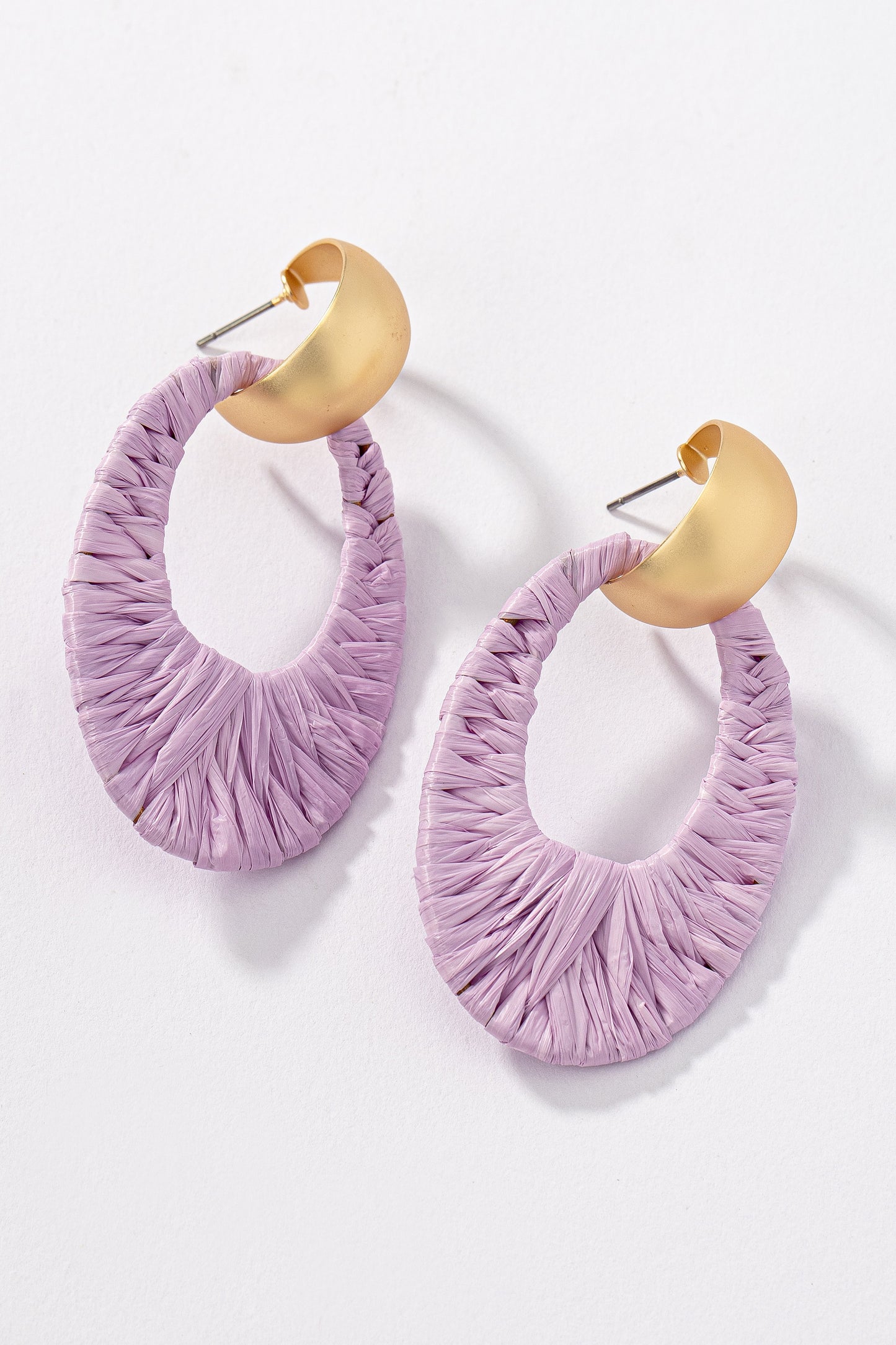 Raffia Straw Wrapped Oval Hoop Drop Earrings