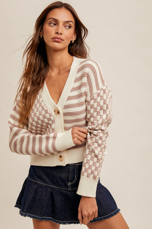 Brea Striped And Checkered Crop Cardigan