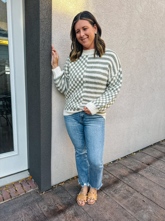 Kaia Stripe And Checkered Knit Sweater