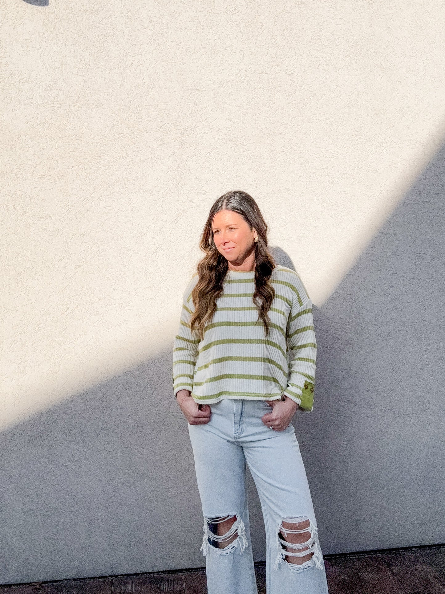 Striped 3/4 Folded Sleeve Knit Top