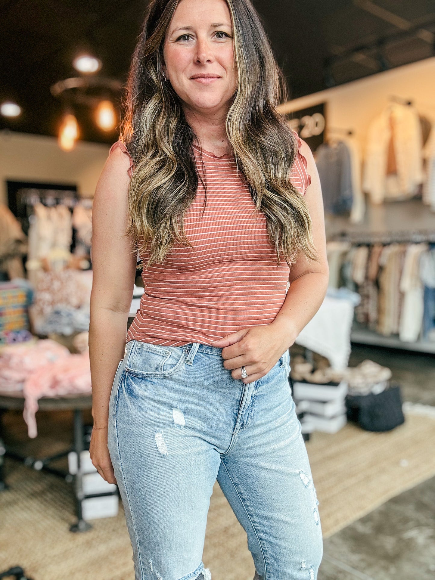 Halen Brushed Striped Ruffle Sleeve Top