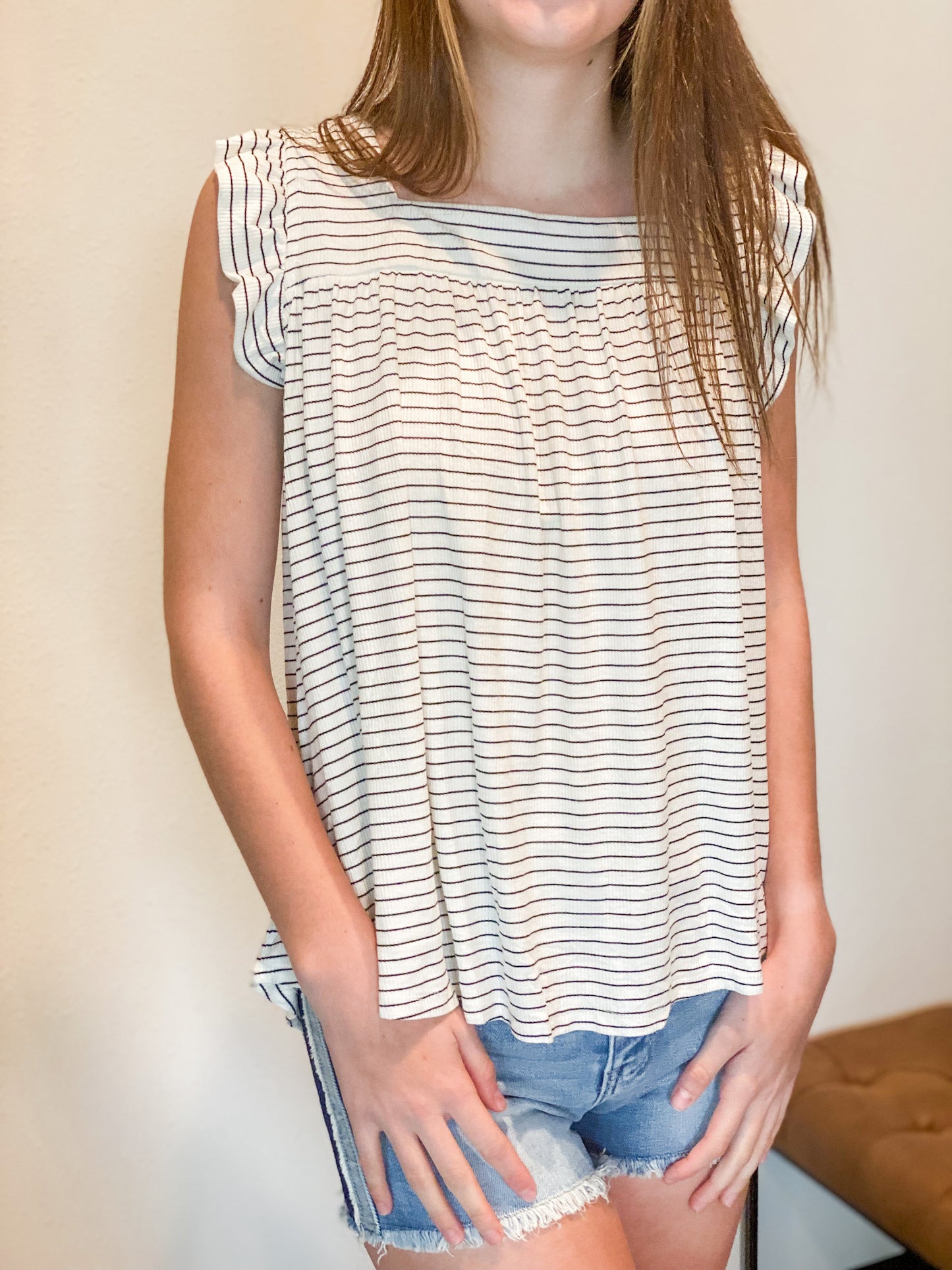 Striped Square Neck Ruffle Tank