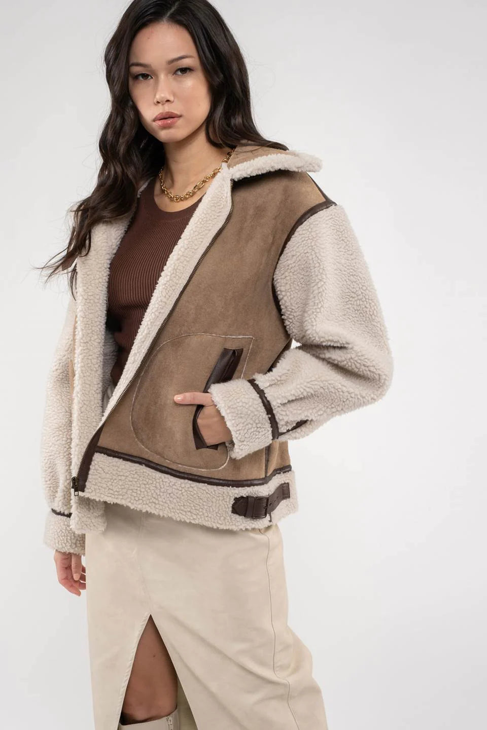 Belted Mustang Faux Shearling Jacket