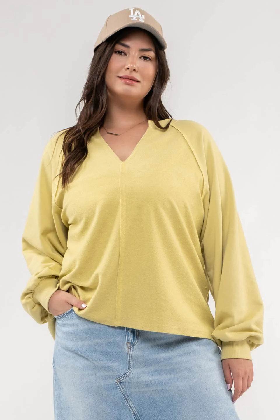 Exposed Seam Relaxed Long Sleeve Knit Top I PLUS