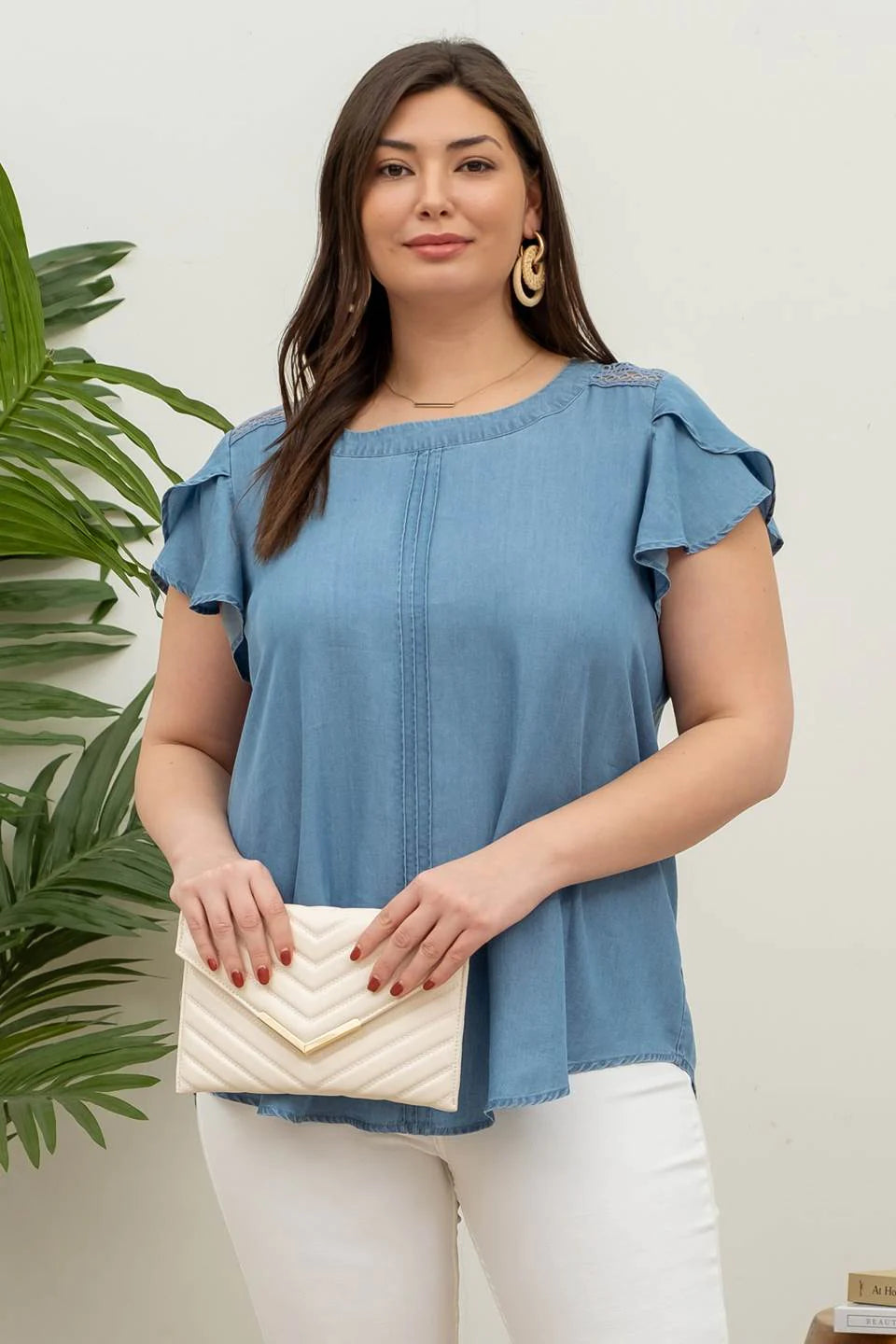 Petal Sleeve Lace Trim Chambray Top I PLUS