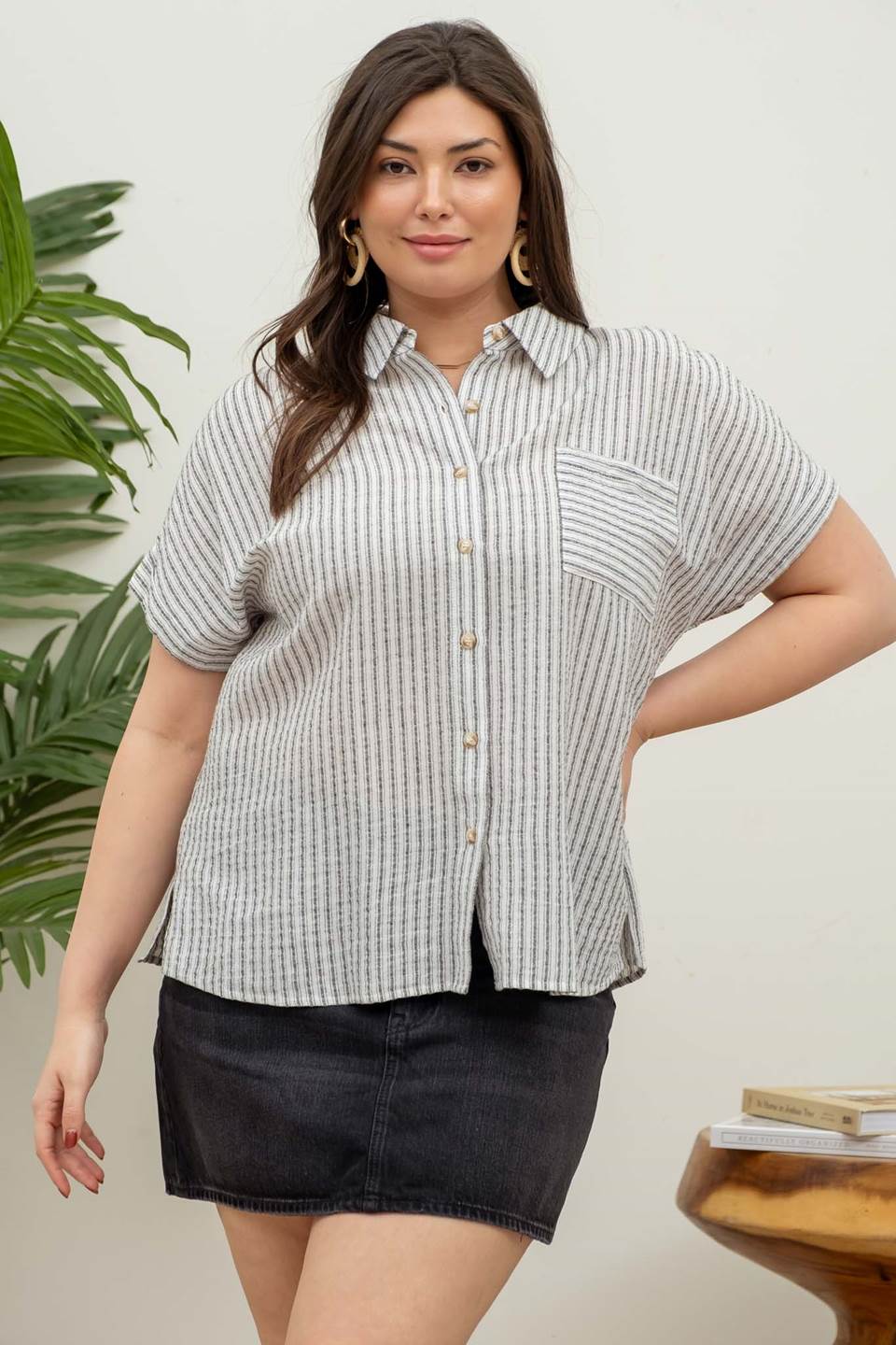 Short Sleeve Striped Button Up Top I PLUS