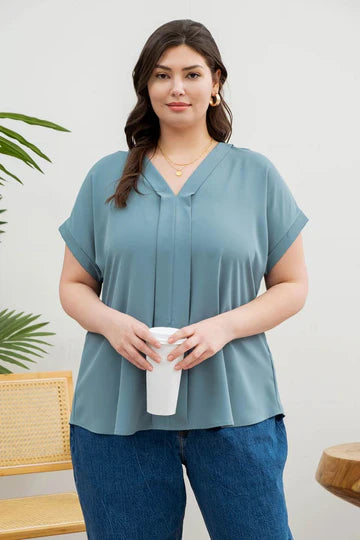 V-Neck Roll Up Sleeve Blouse | PLUS