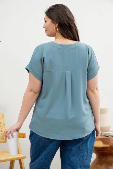 V-Neck Roll Up Sleeve Blouse | PLUS