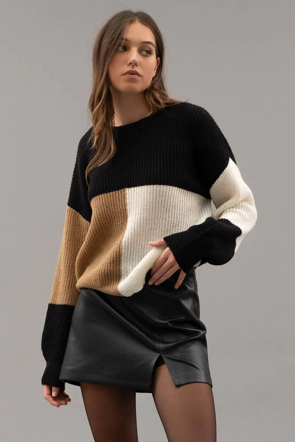 Color Block Back Tie Knit Sweater