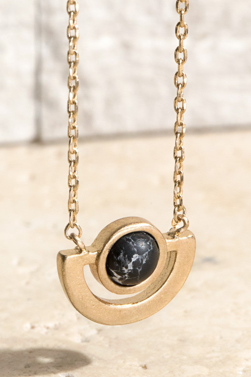 Brass Metal Black Round Stone Necklace