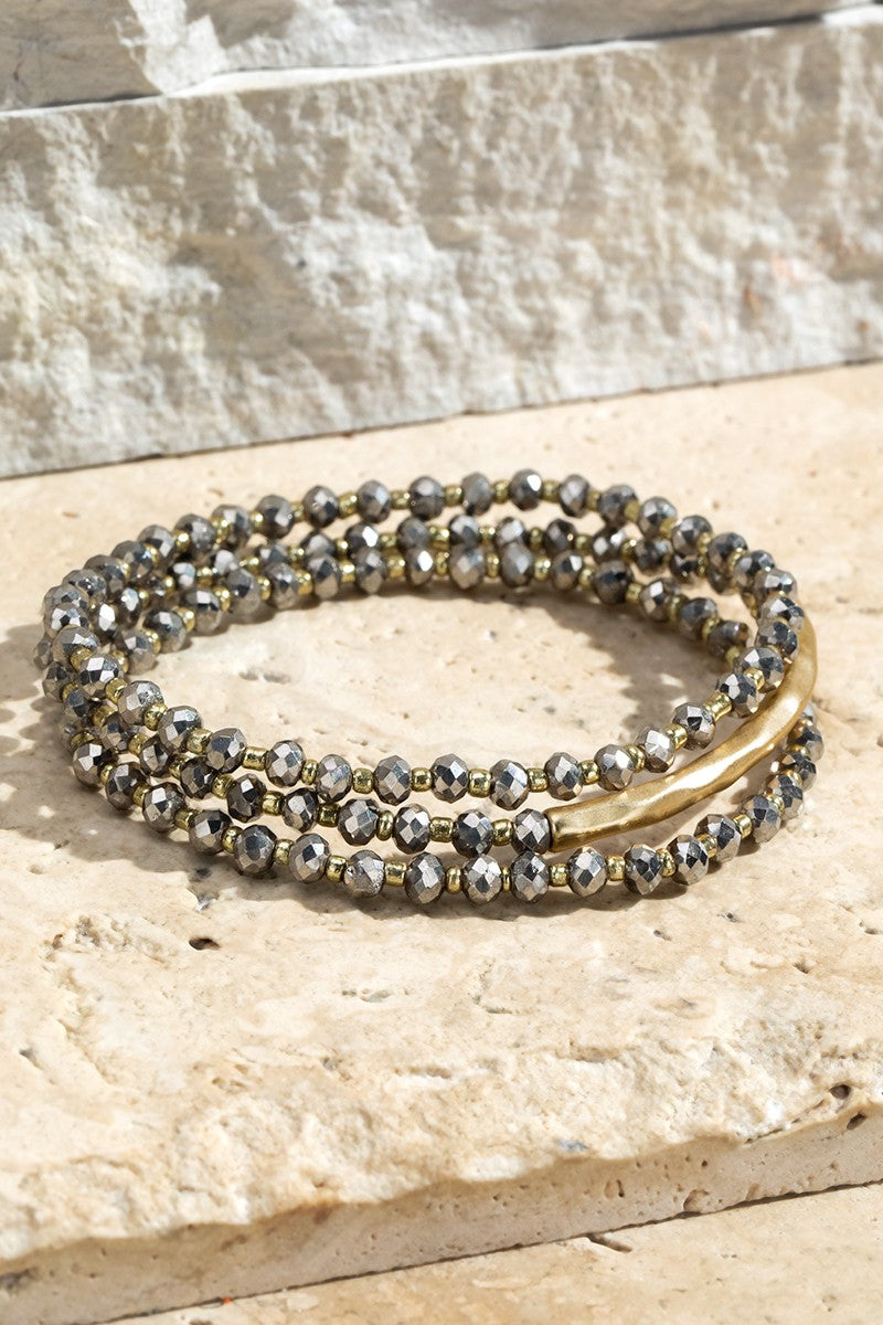 3 Strand Glass Beads And Metal Bar Bracelet