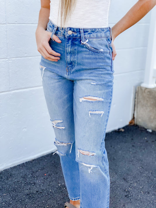 Callie Super High Rise Distressed Straight Jeans